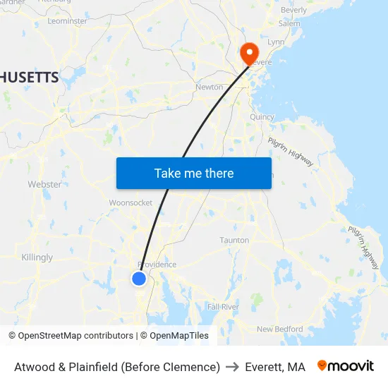 Atwood & Plainfield (Before Clemence) to Everett, MA map