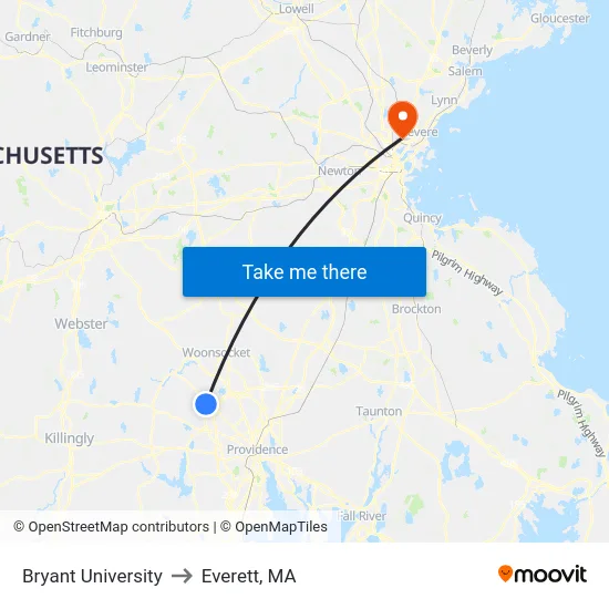 Bryant University to Everett, MA map