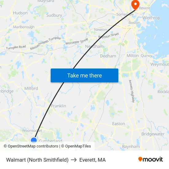 Walmart (North Smithfield) to Everett, MA map