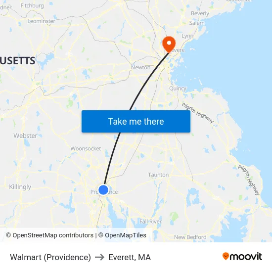 Walmart (Providence) to Everett, MA map