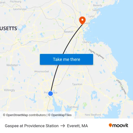 Gaspee at Providence Station to Everett, MA map
