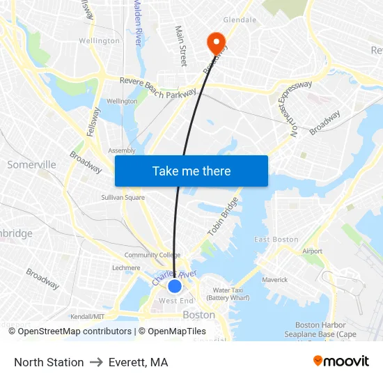 North Station to Everett, MA map