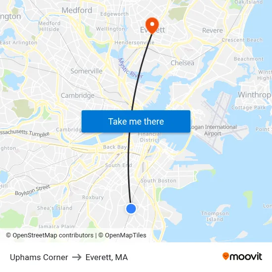 Uphams Corner to Everett, MA map