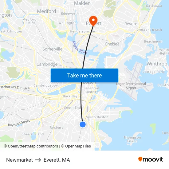 Newmarket to Everett, MA map