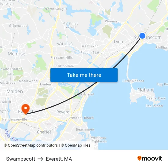 Swampscott to Everett, MA map