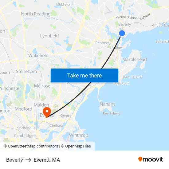 Beverly to Everett, MA map