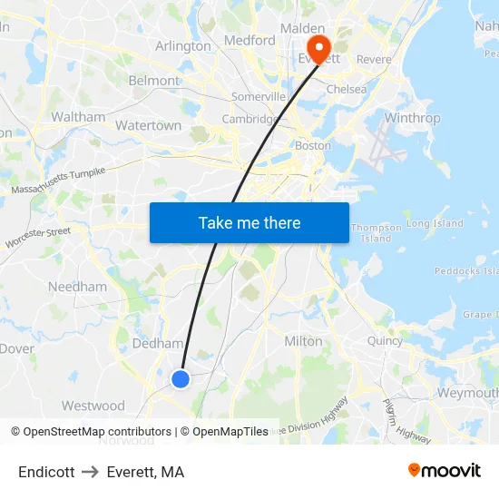 Endicott to Everett, MA map