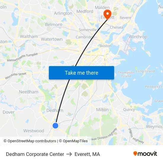 Dedham Corporate Center to Everett, MA map