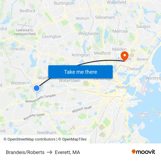 Brandeis/Roberts to Everett, MA map