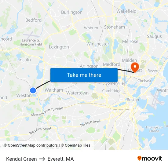 Kendal Green to Everett, MA map