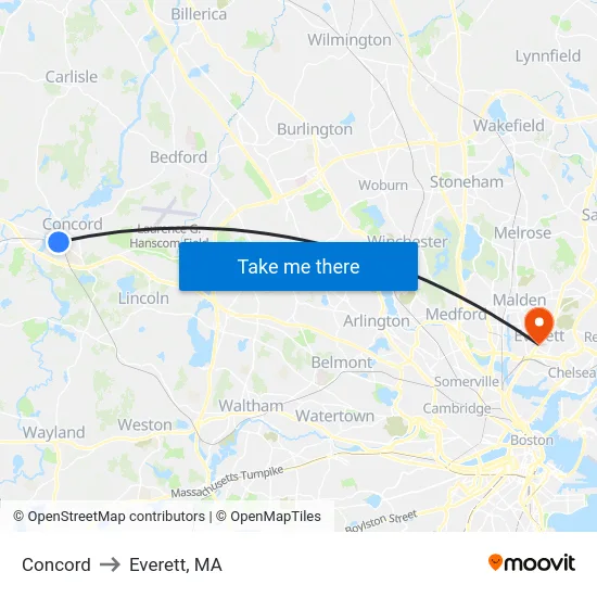 Concord to Everett, MA map