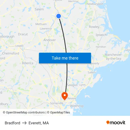Bradford to Everett, MA map