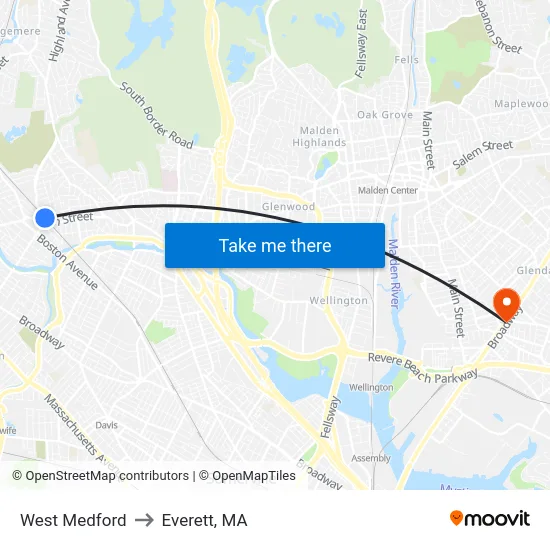 West Medford to Everett, MA map