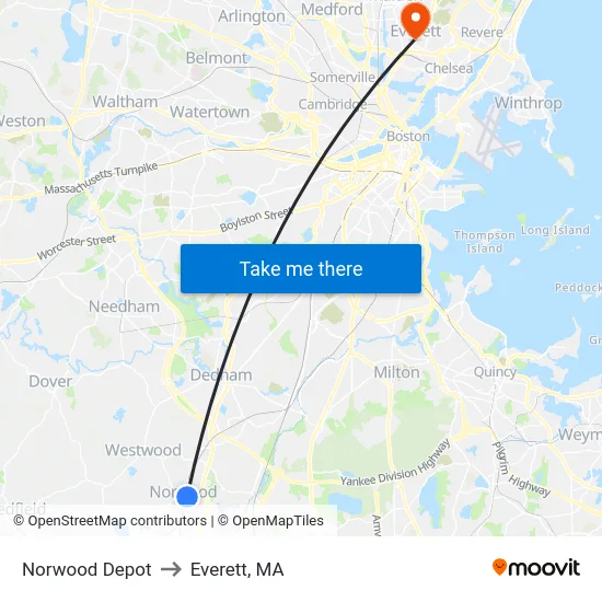 Norwood Depot to Everett, MA map
