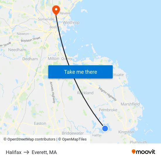 Halifax to Everett, MA map