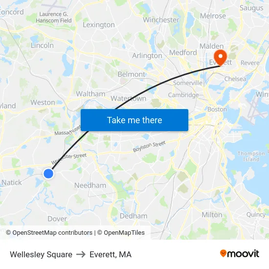 Wellesley Square to Everett, MA map
