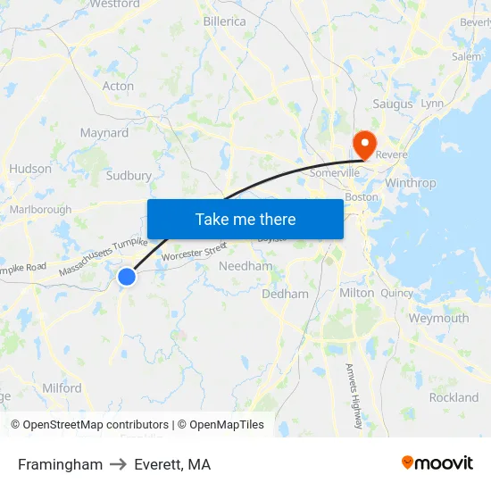 Framingham to Everett, MA map