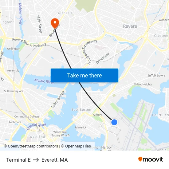 Terminal E to Everett, MA map