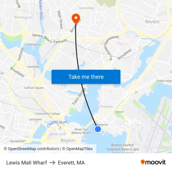 Lewis Mall Wharf to Everett, MA map