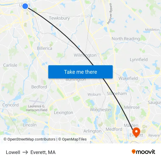 Lowell to Everett, MA map