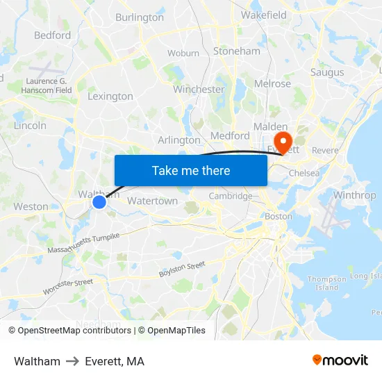 Waltham to Everett, MA map