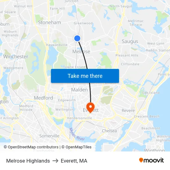 Melrose Highlands to Everett, MA map