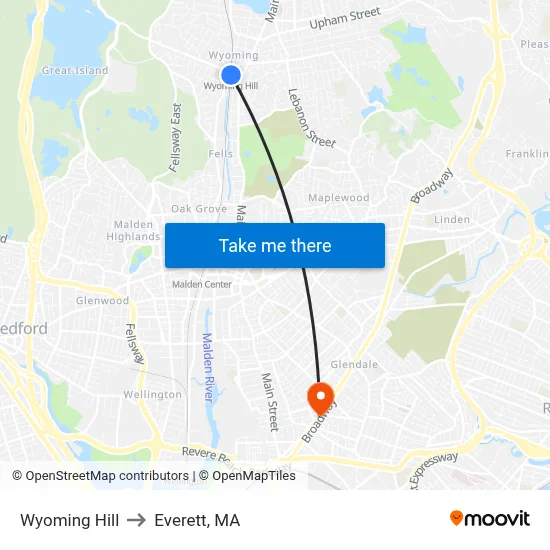 Wyoming Hill to Everett, MA map