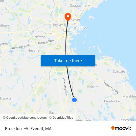 Brockton to Everett, MA map