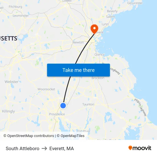 South Attleboro to Everett, MA map
