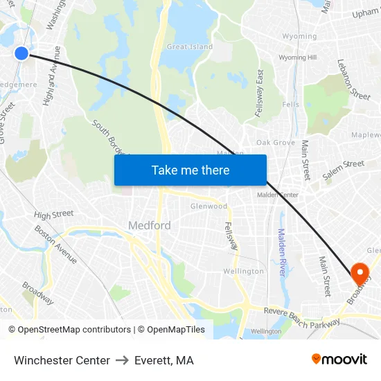 Winchester Center to Everett, MA map