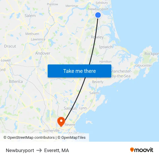 Newburyport to Everett, MA map