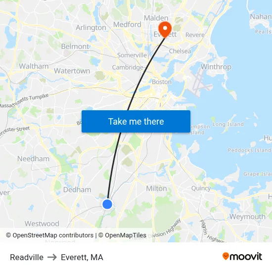 Readville to Everett, MA map