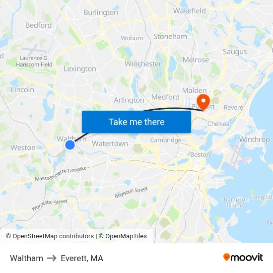 Waltham to Everett, MA map