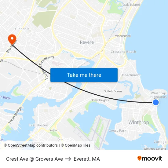 Crest Ave @ Grovers Ave to Everett, MA map