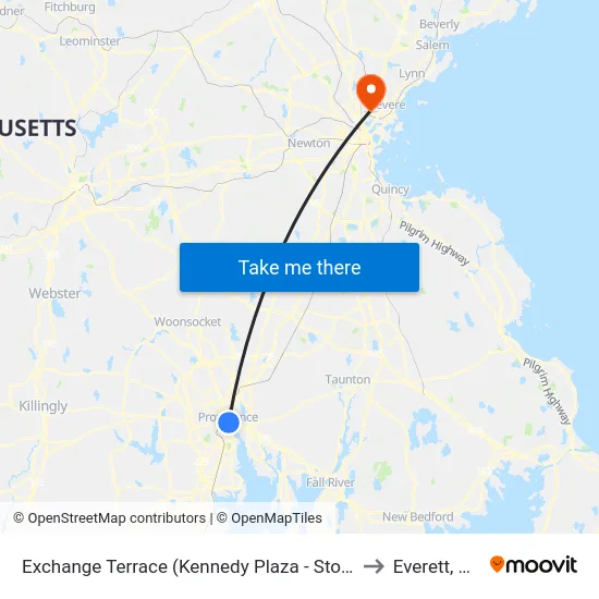Exchange Terrace (Kennedy Plaza - Stop X) to Everett, MA map