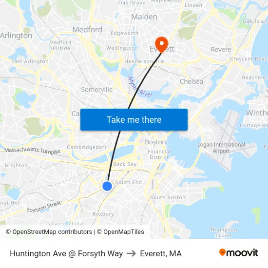 Huntington Ave @ Forsyth Way to Everett, MA map