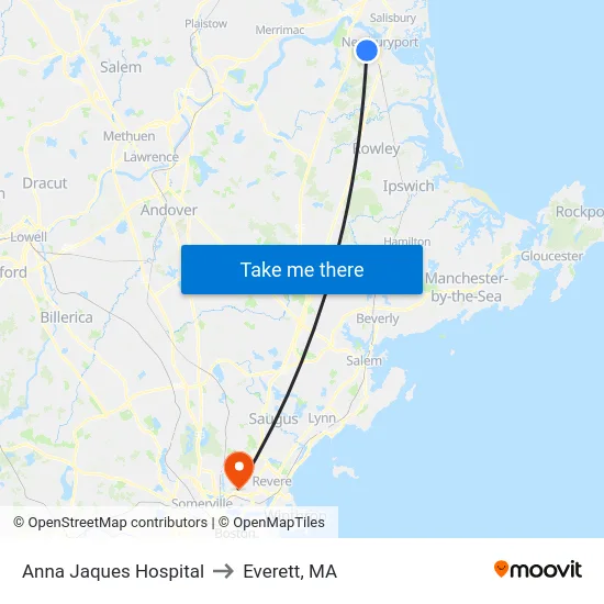 Anna Jaques Hospital to Everett, MA map