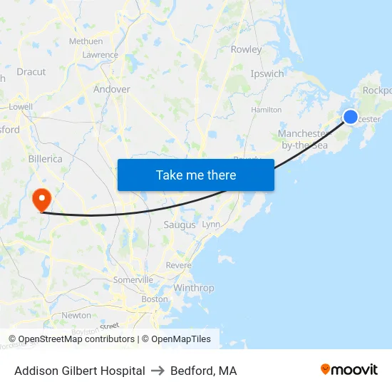 Addison Gilbert Hospital to Bedford, MA map