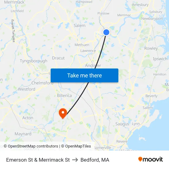 Emerson St & Merrimack St to Bedford, MA map