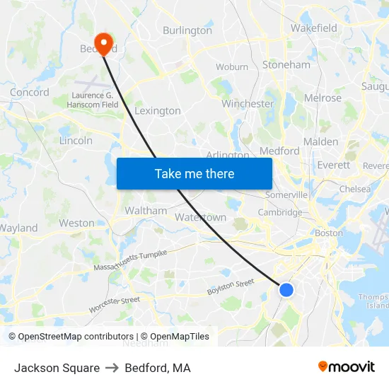 Jackson Square to Bedford, MA map