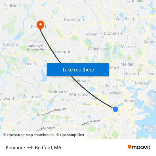 Kenmore to Bedford, MA map