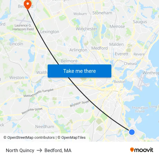 North Quincy to Bedford, MA map