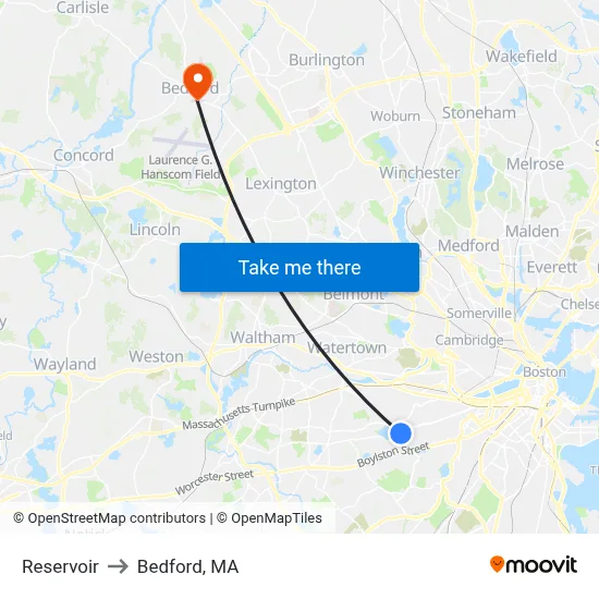 Reservoir to Bedford, MA map