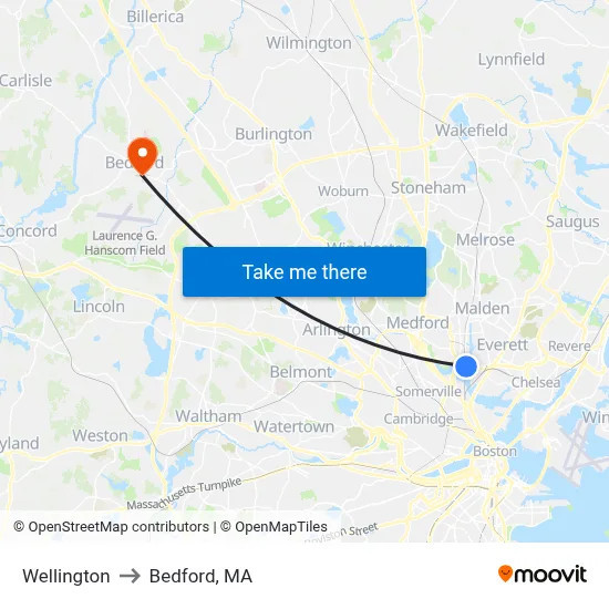Wellington to Bedford, MA map