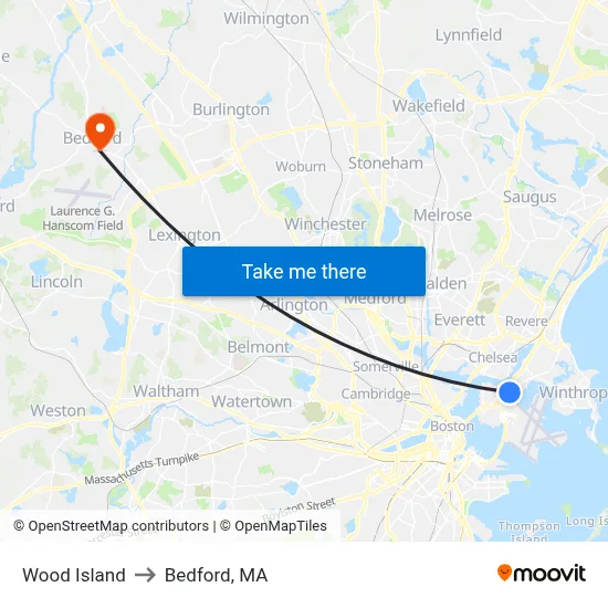 Wood Island to Bedford, MA map