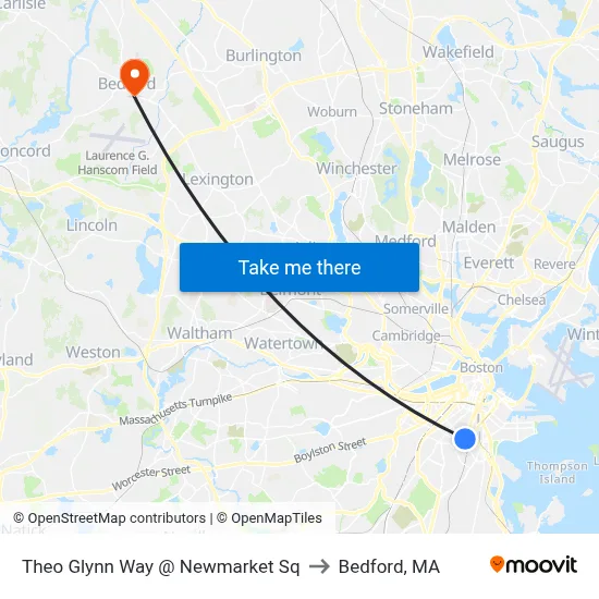 Theo Glynn Way @ Newmarket Sq to Bedford, MA map