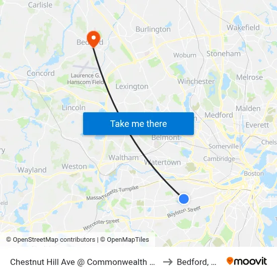 Chestnut Hill Ave @ Commonwealth Ave to Bedford, MA map