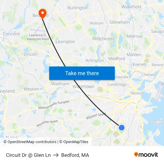 Circuit Dr @ Glen Ln to Bedford, MA map