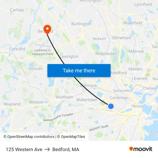 125 Western Ave to Bedford, MA map