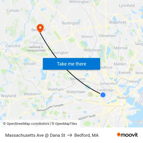 Massachusetts Ave @ Dana St to Bedford, MA map